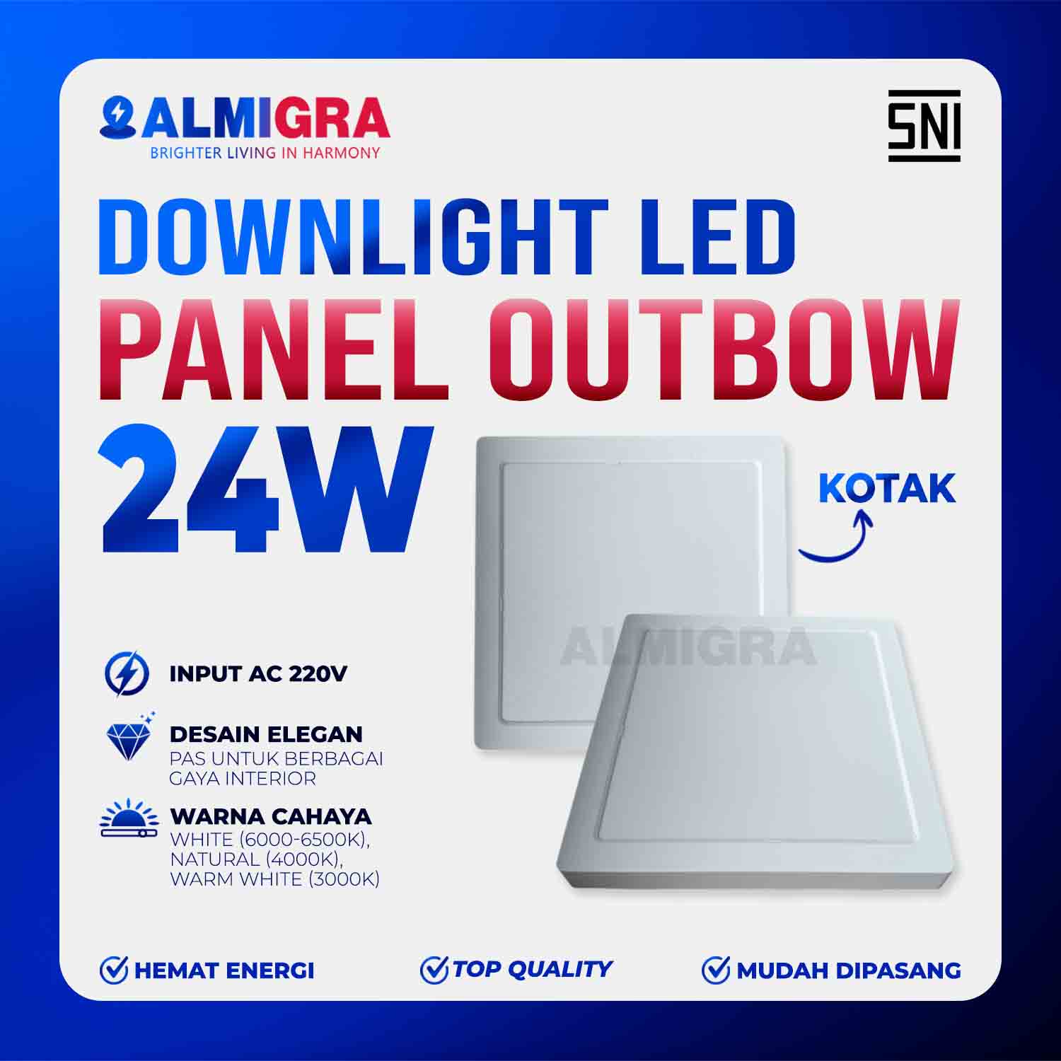 Lampu Plafon Tempel LED 24W Downlight Panel Kotak Terang Garansi 1 Tahun