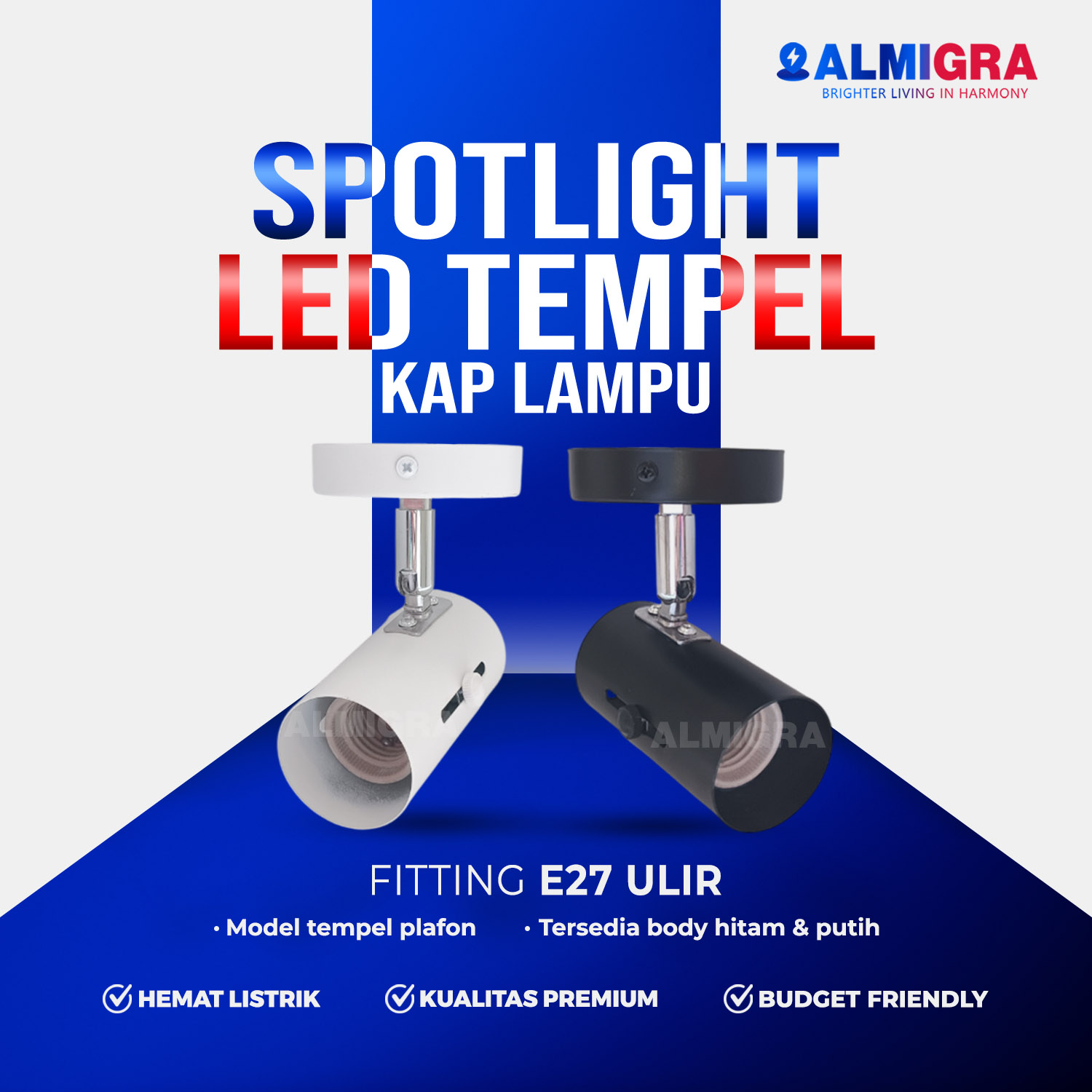 Kap Lampu Tempel Plafon Sorot E27 Body Besi Fitting Keramik