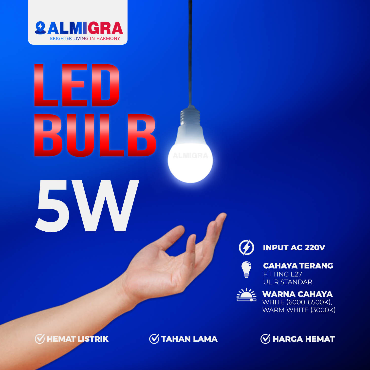 Lampu LED E27 5W - Bohlam Putih & Kuning Warm White - Terang, Hemat Listrik, SNI