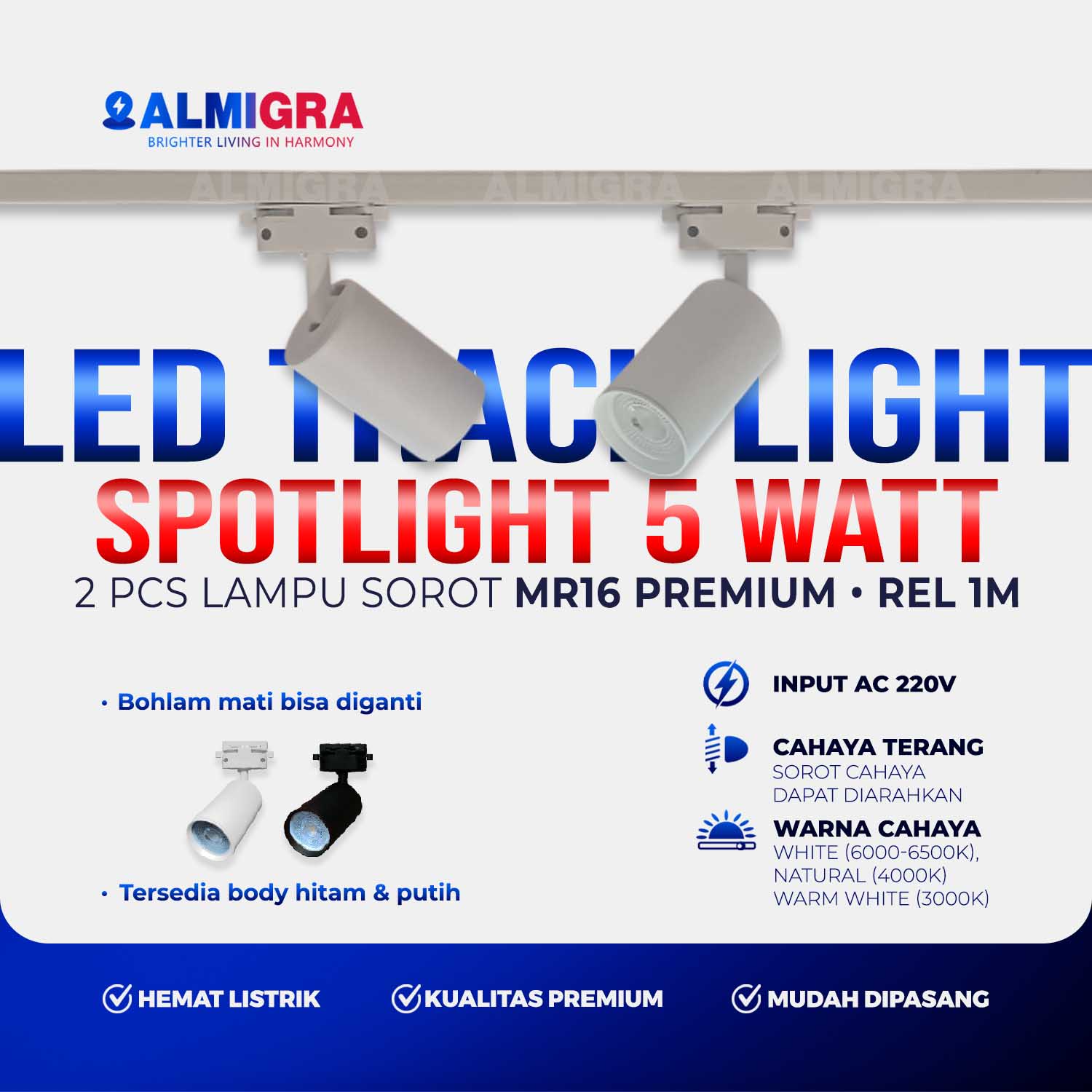 Paket 2 Lampu Sorot Rel Spotlight Tracklight LED MR16 Premium 5W - Bisa Ganti Bohlam Dekorasi Rumah Cafe Toko Restoran Kantor