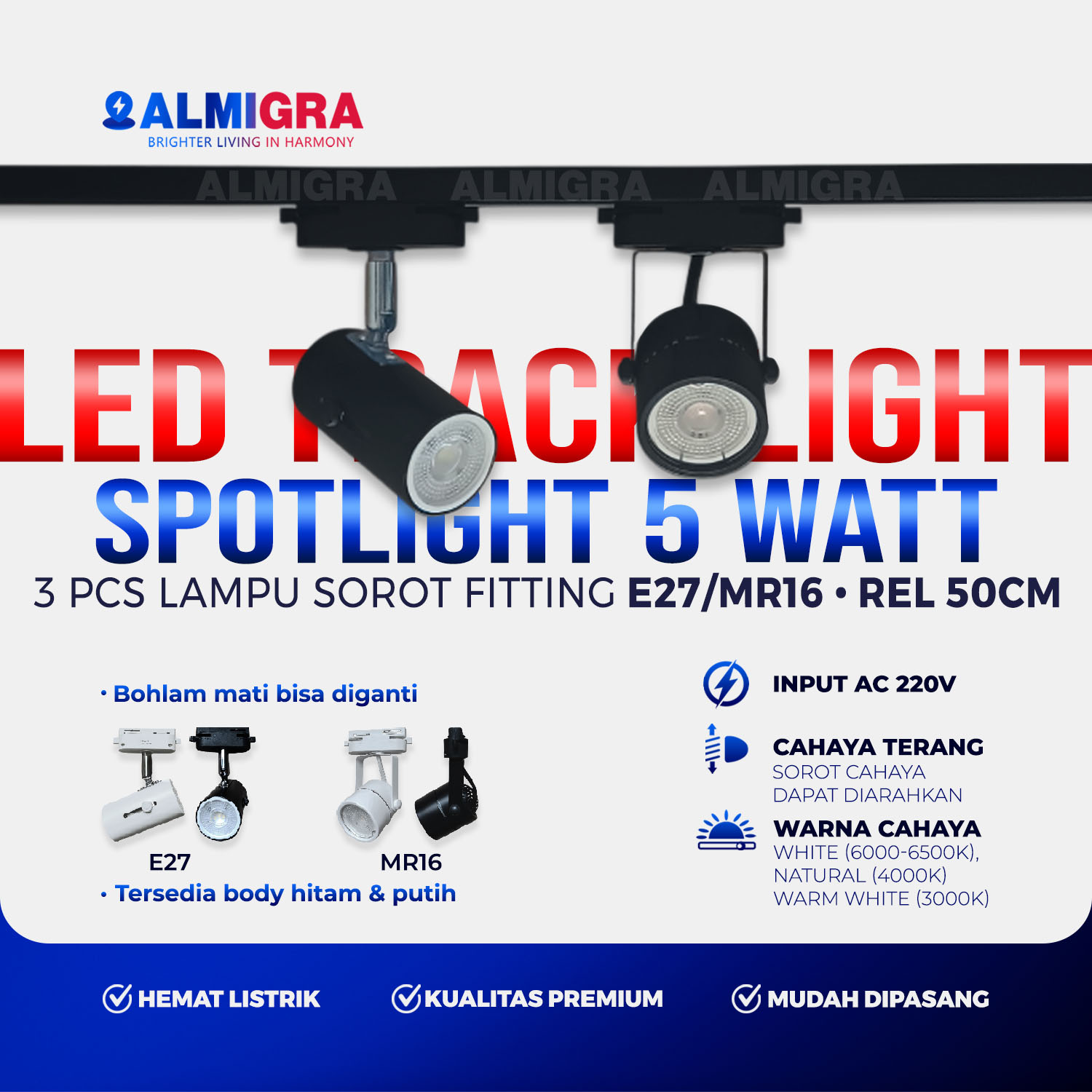 Set 3 Lampu Sorot Track Light Rel 50cm Fitting E27 atau MR16 5W - LED Spotlight Rumah, Toko,  Cafe, Restoran, Kantor