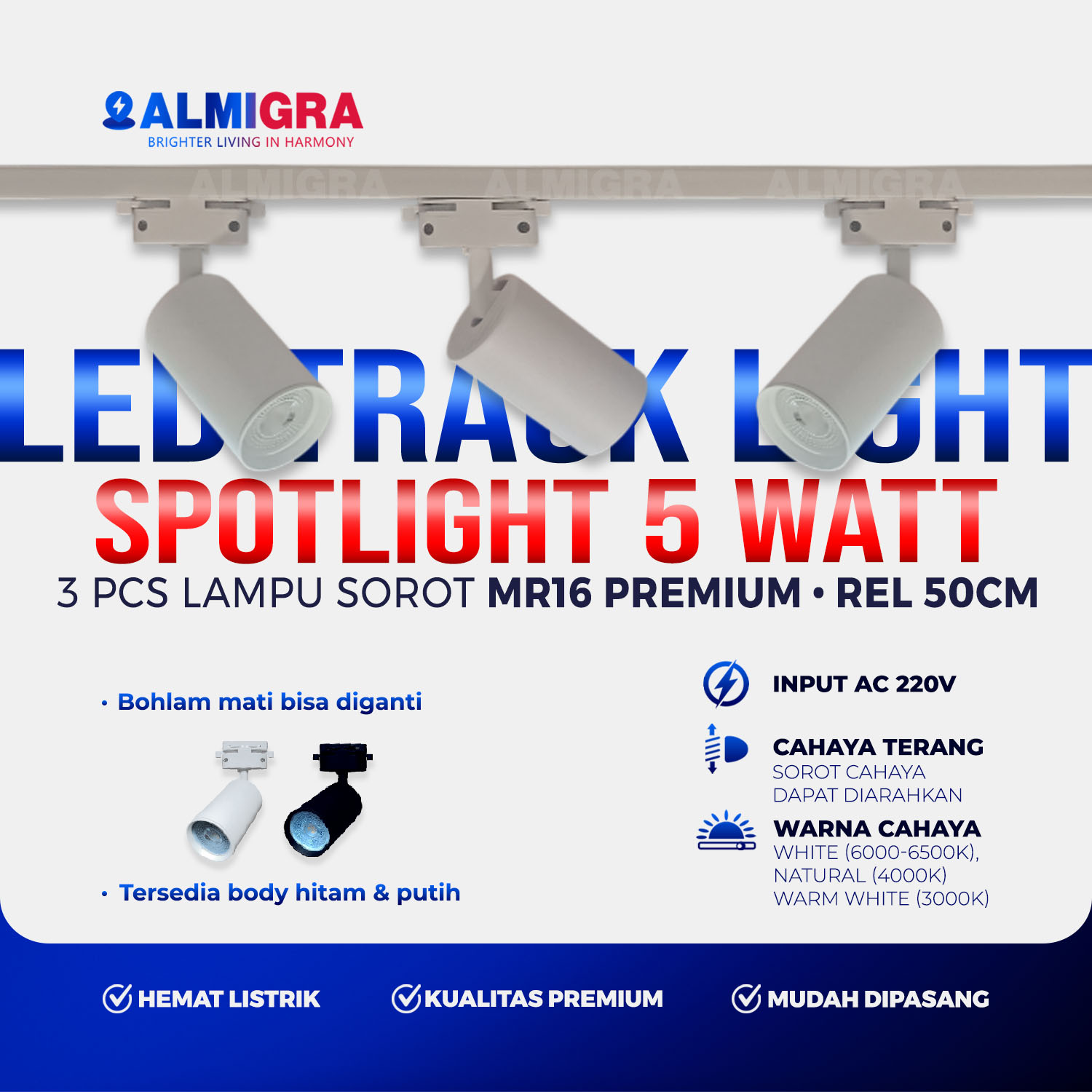 Set 3 Lampu Sorot Track Light Rel 50cm Fitting MR16 Premium 5W - LED Spotlight Rumah, Toko,  Cafe, Restoran, Kantor