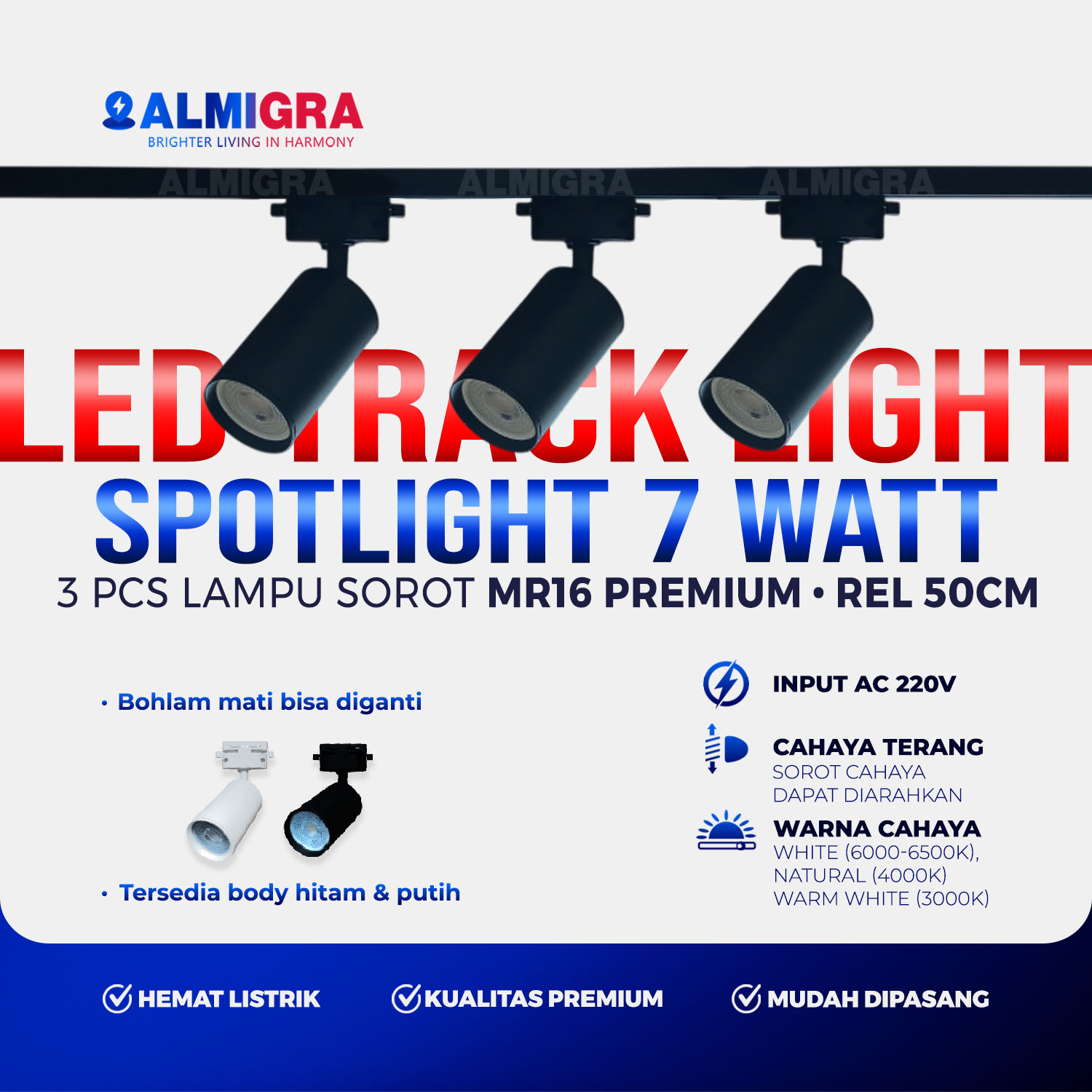 Set 3 Lampu Sorot Track Light Rel 50cm Fitting MR16 Premium 7W - LED Spotlight Rumah, Toko,  Cafe, Restoran, Kantor