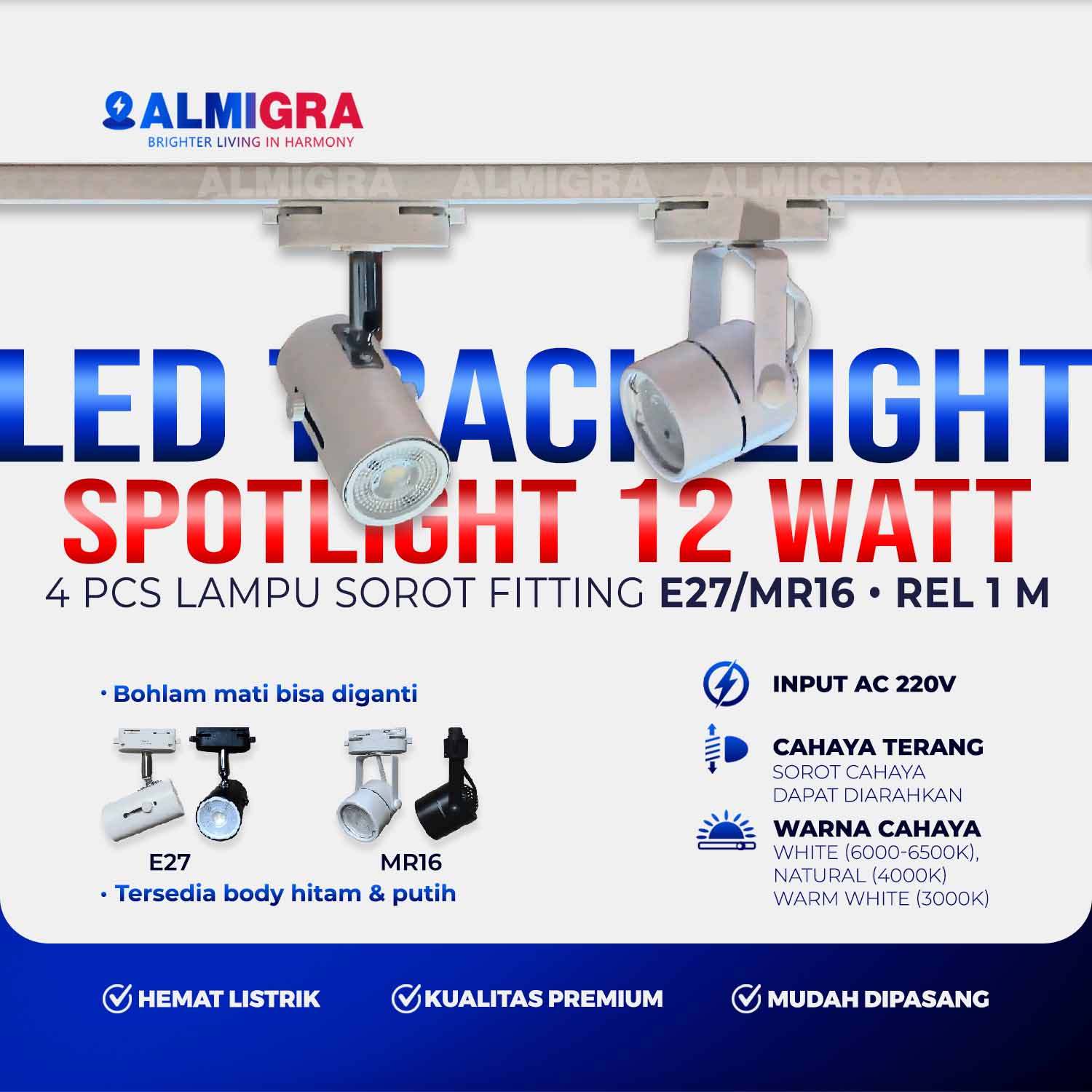 Set Rel Track 1 Meter 4 Lampu Sorot LED E27 atau MR16 12W - Spotlight Track Light Plafon Bisa Ganti Bohlam