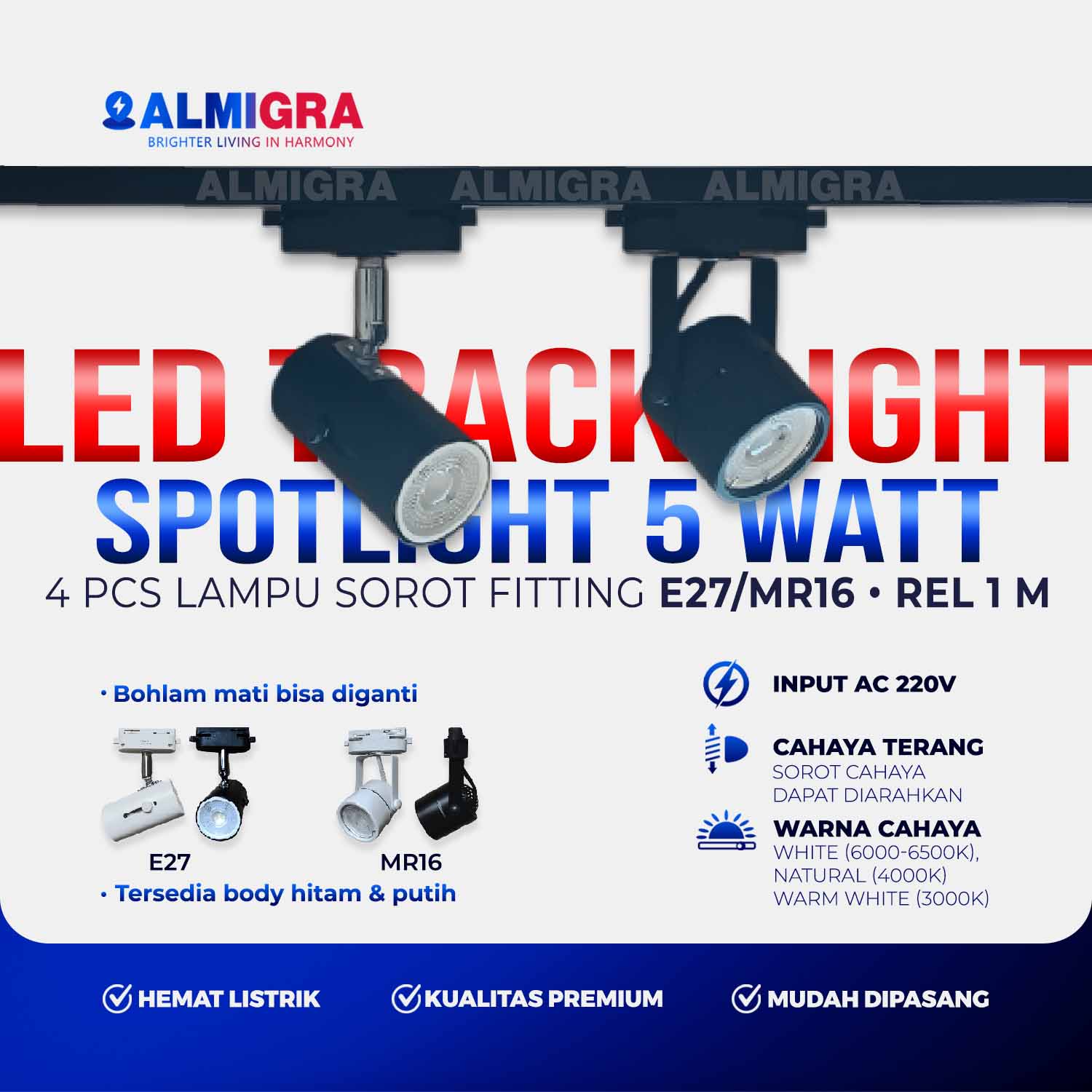 Set Rel Track 1 Meter 4 Lampu Sorot LED E27 atau MR16 5W - Spotlight Track Light Plafon Bisa Ganti Bohlam