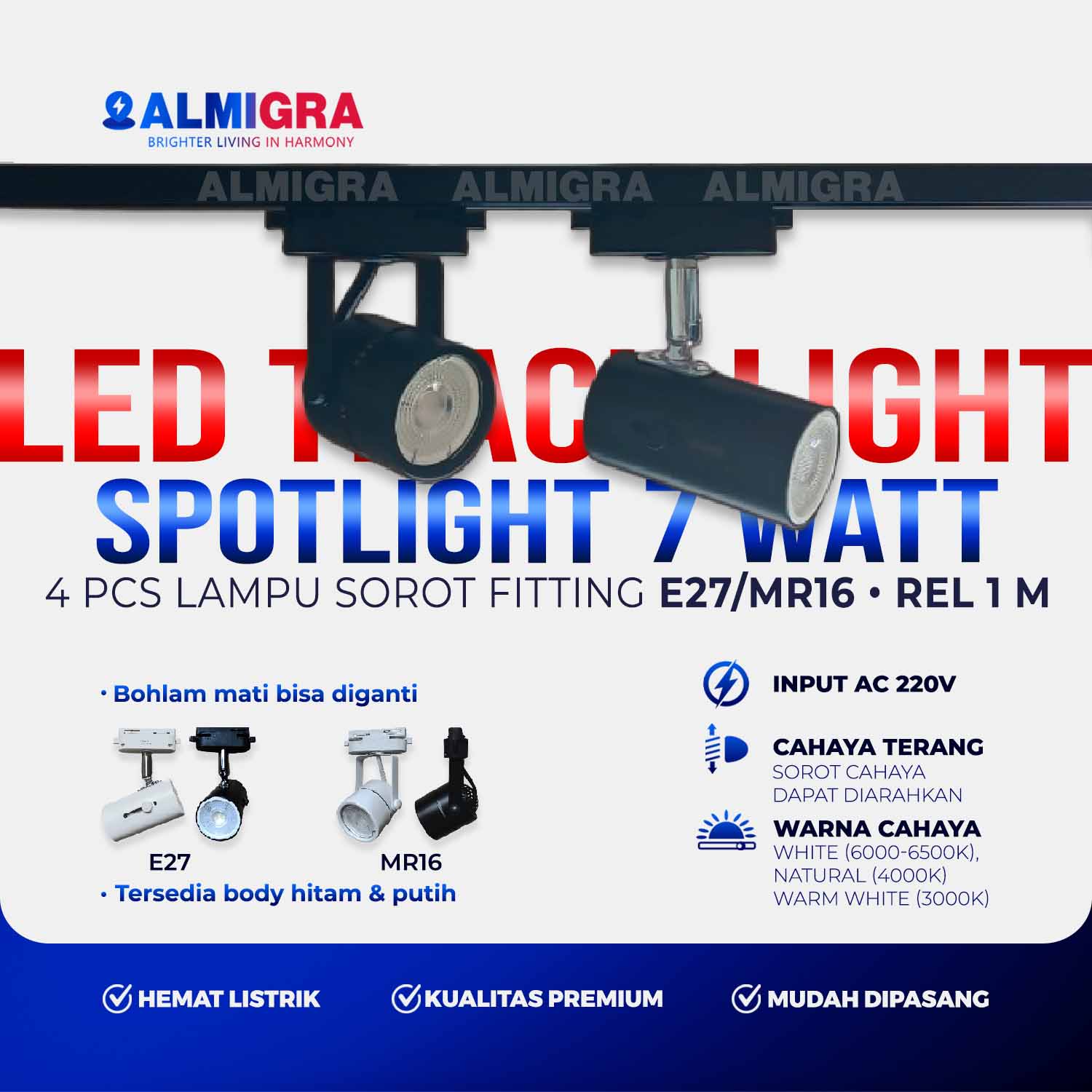 Set Rel Track 1 Meter 4 Lampu Sorot LED E27 atau MR16 7W - Spotlight Track Light Plafon Bisa Ganti Bohlam