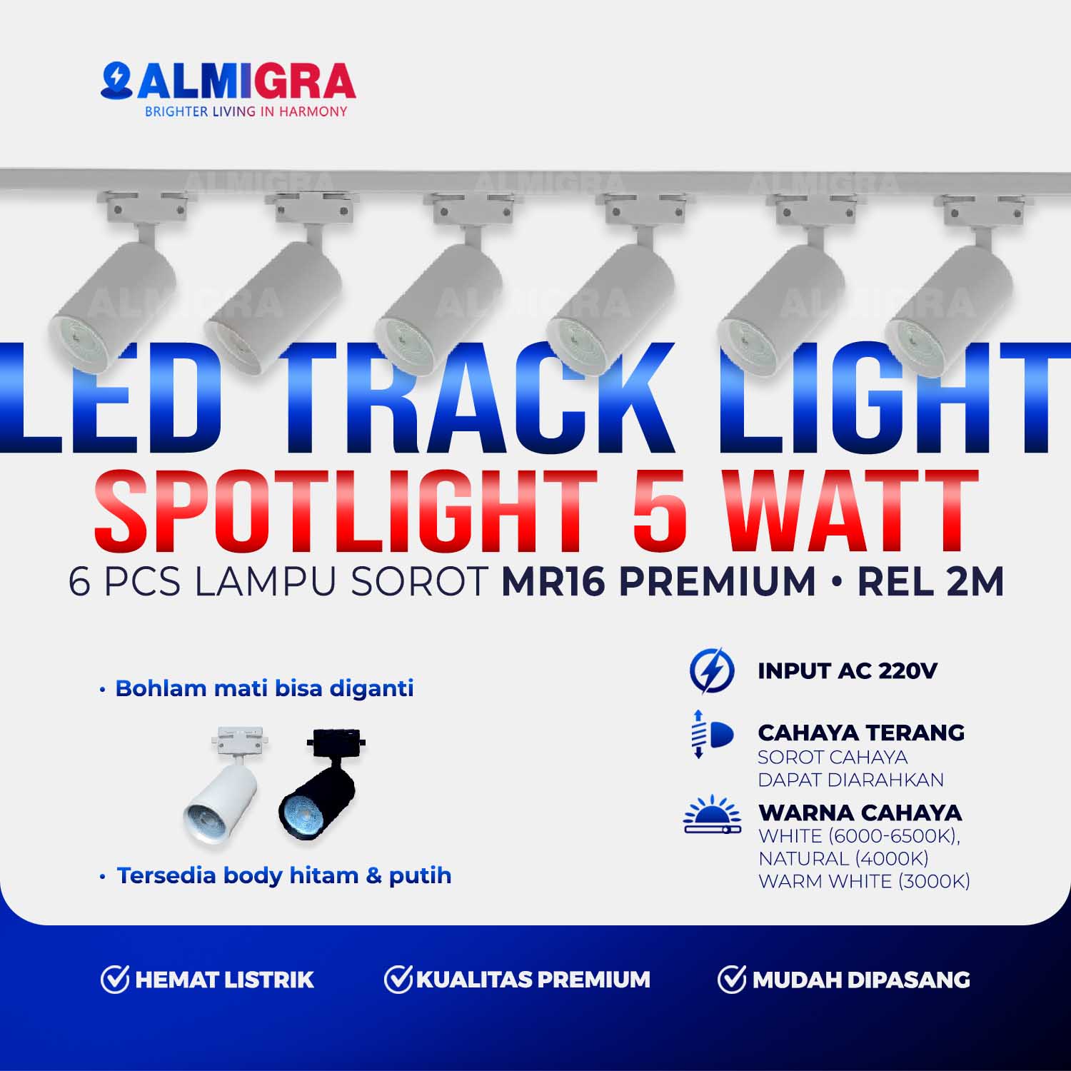 Paket 6 Lampu Sorot Rel 2M Spotlight Tracklight LED MR16 Premium 5W - Bisa Ganti Bohlam Dekorasi Rumah Cafe Toko Kantor