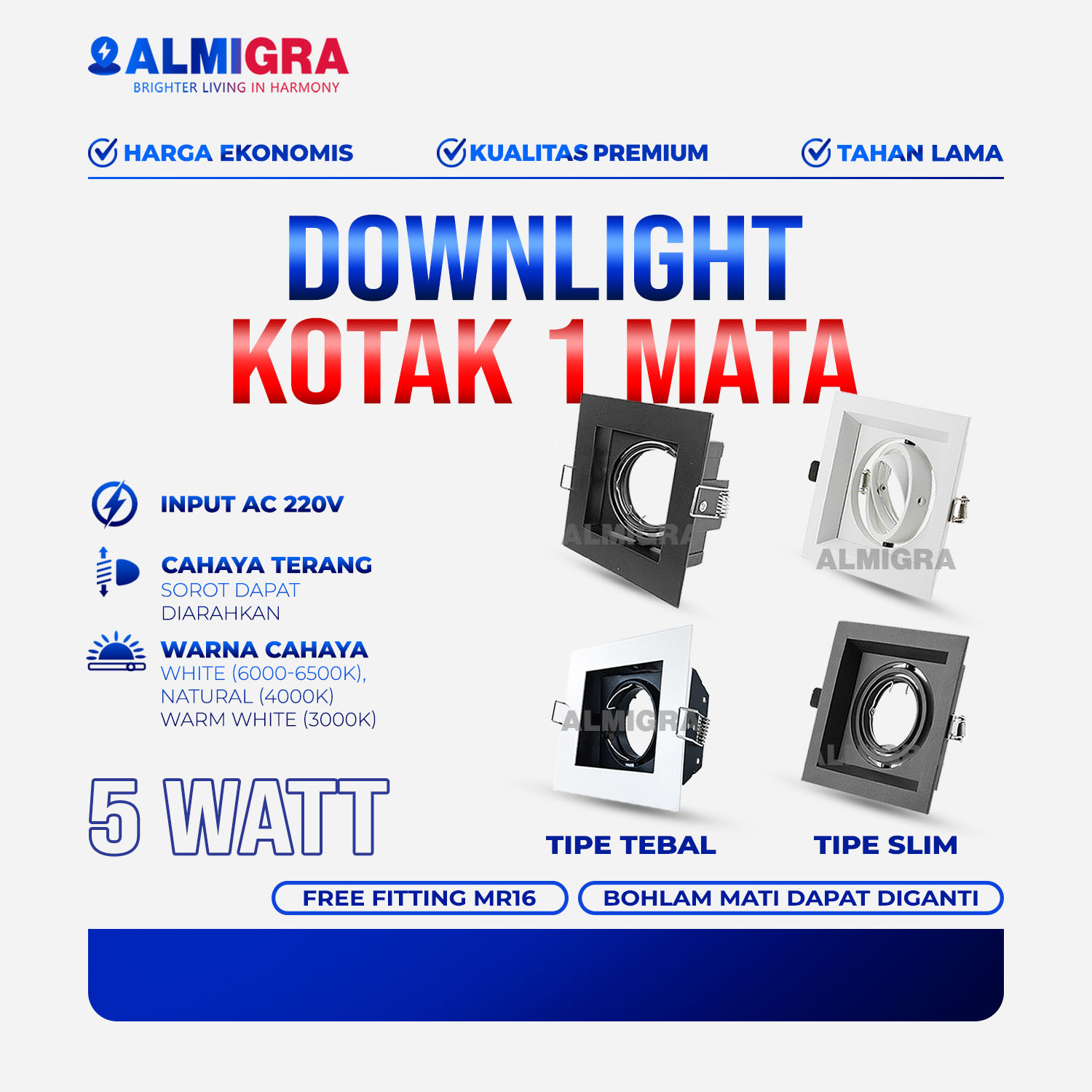 Lampu Downlight LED 1 Mata MR16 5W Sorot Plafon Bohlam Bisa Diganti