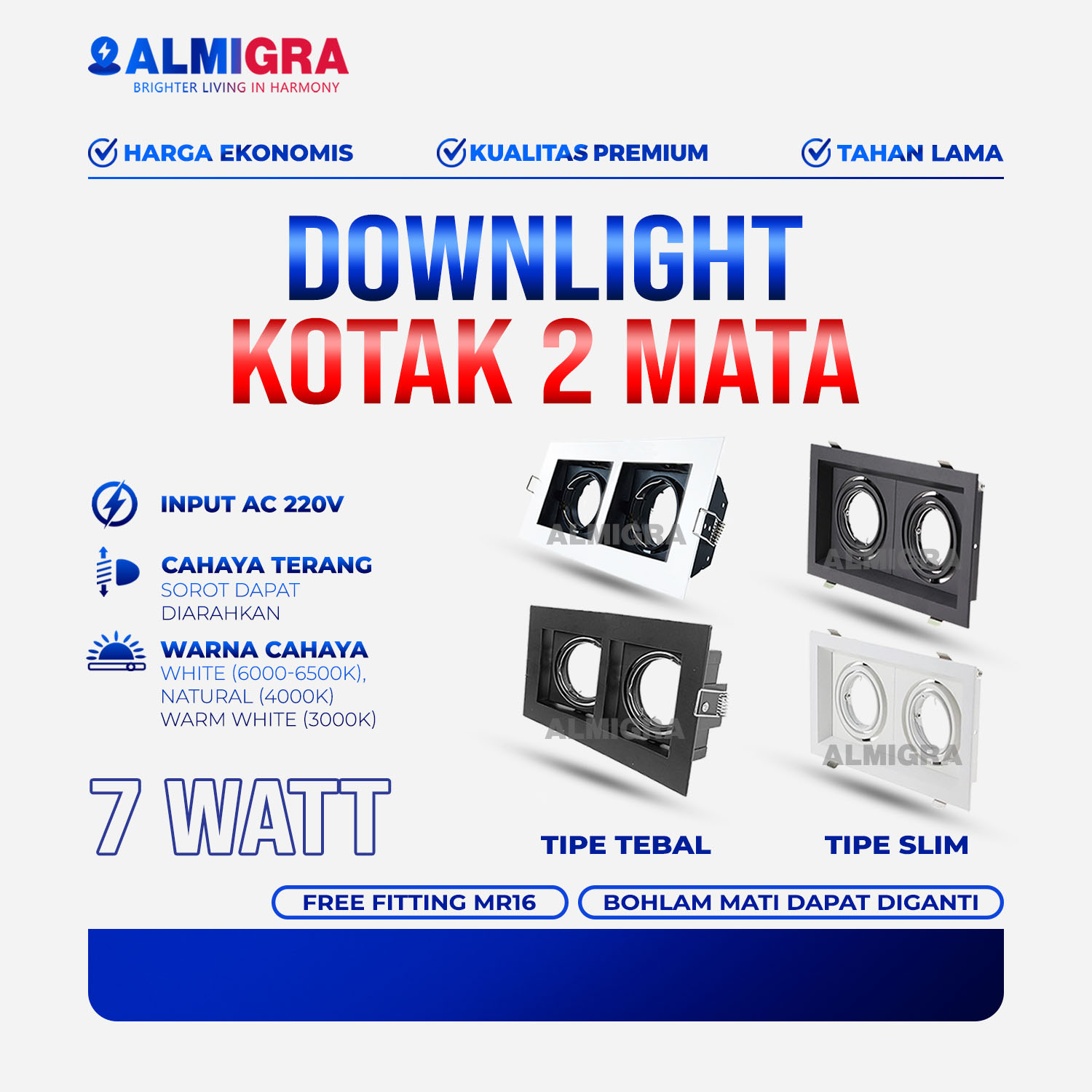 Lampu Sorot Plafon 2 Mata MR16 7 Watt - Fitting Spotlight Spot Kotak Bohlam Mudah Diganti Rumah, Kantor Dan Cafe