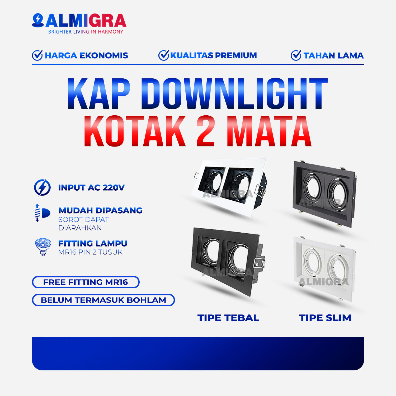 Kap Lampu Sorot Plafon 2 Mata MR16 - Fitting Spotlight Spot Kotak Bohlam Mudah Diganti Rumah, Kantor Dan Cafe