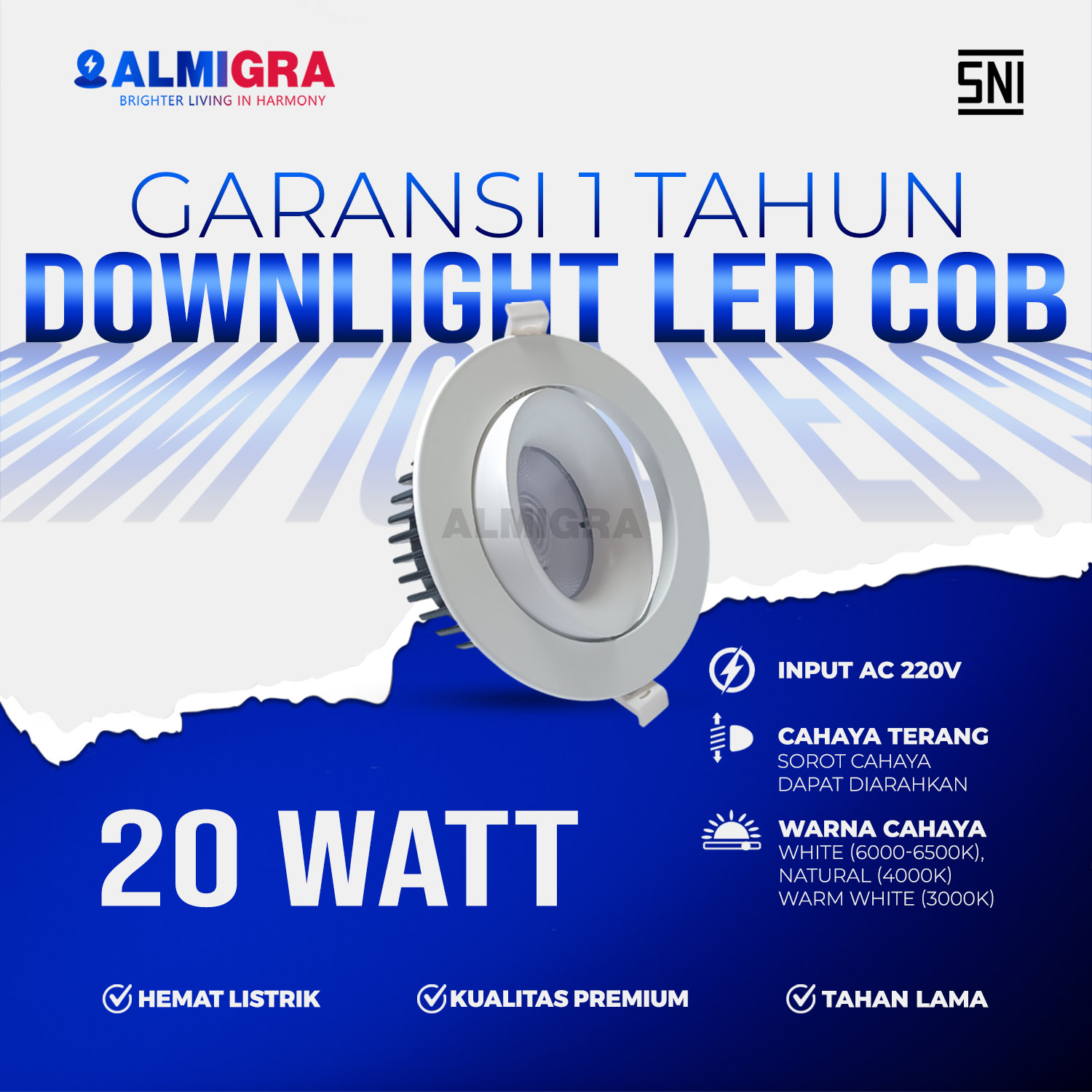 Downlight Spotlight 20W Lampu Sorot Plafon Warm White Natural Putih Garansi 1 Tahun