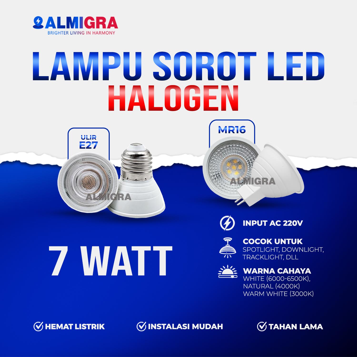 Lampu Sorot E27 Dan MR16 7W - Spotlight LED Pengganti Halogen Warm White, Natural White Dan Putih