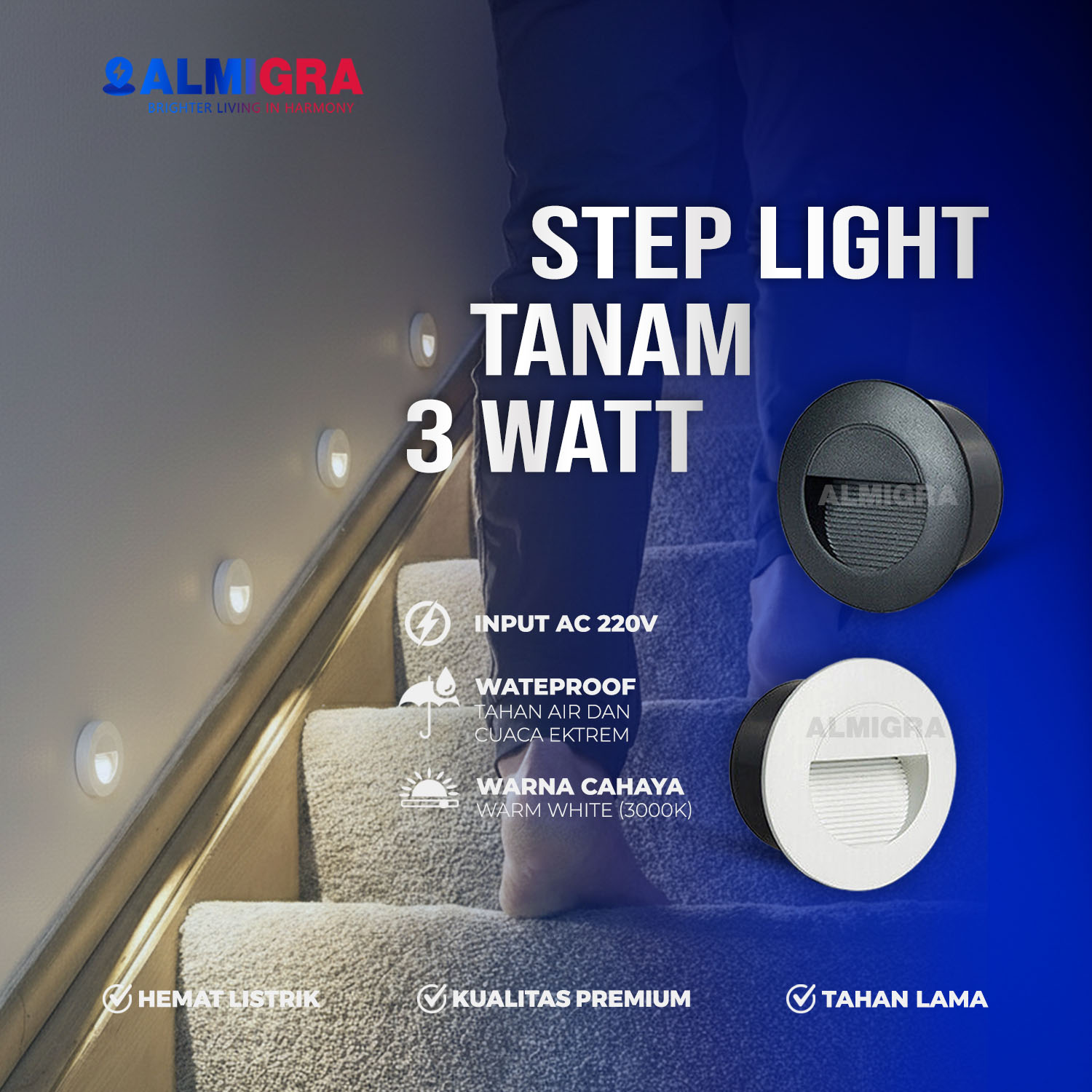 LED Tangga Bulat 3W Warna Warm White - Lampu Dinding Waterproof Indoor Outdoor Terang, Hemat Listrik