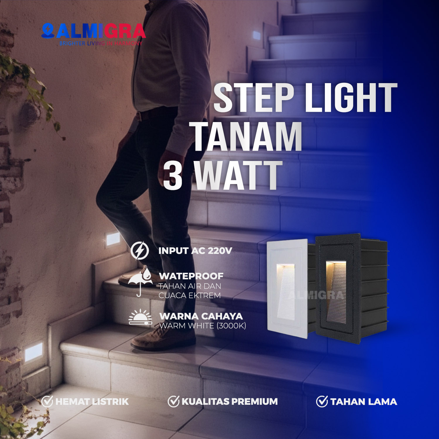Lampu LED Anak Tangga 3W Kotak Persegi Panjang - Untuk Dinding Tembok Rumah, Cafe, Kantor, Hotel