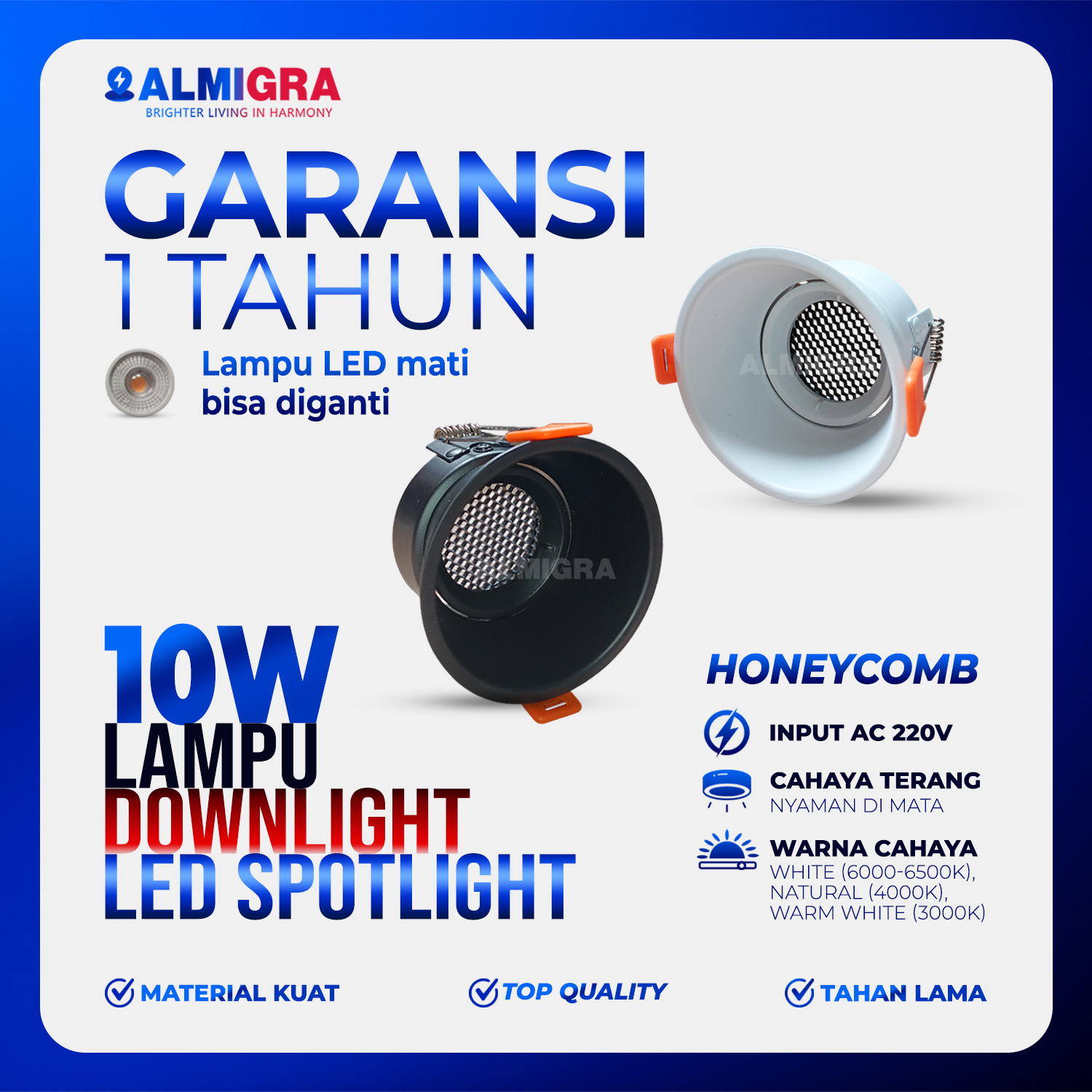 Spotlight Downlight LED 10W Honeycomb Lampu Sorot Plafon LED Mudah Diganti Garansi 1 Tahun
