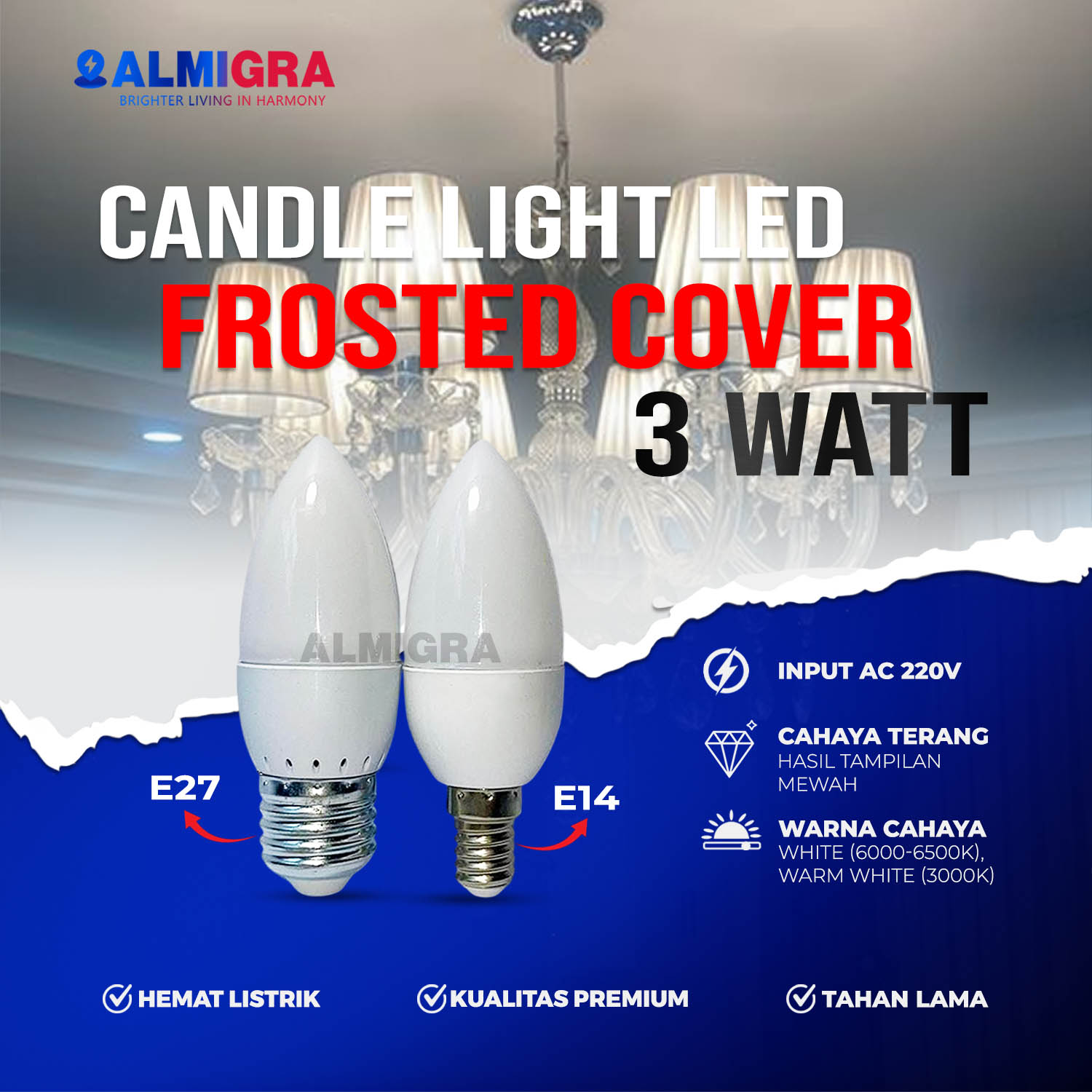 Lampu LED Candle Lilin Hias 3W E27 atau E14 Cover Susu